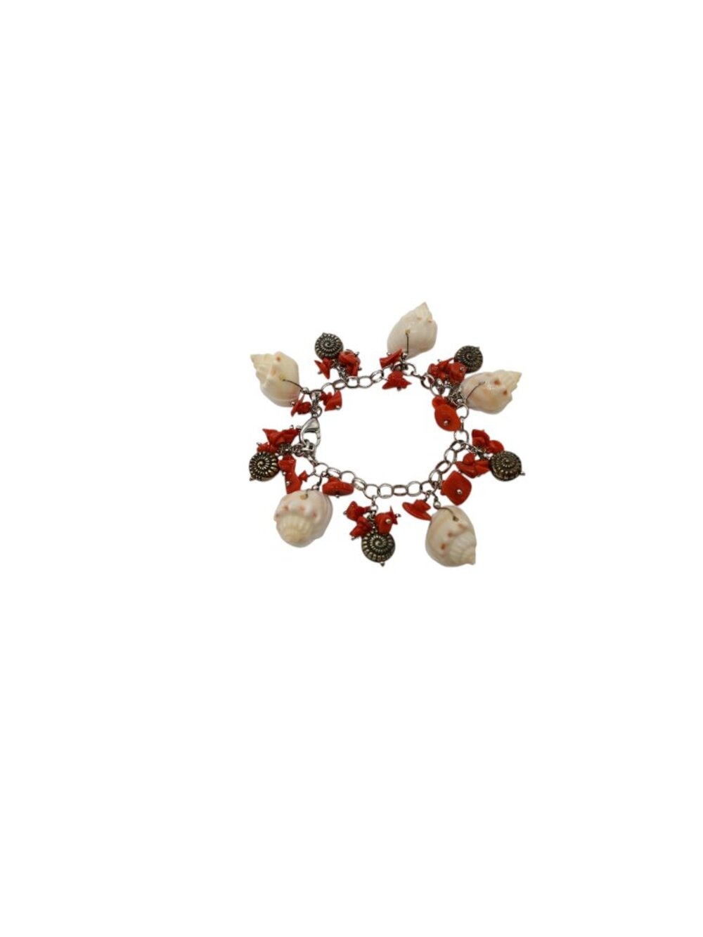 Luisa Della Salda Sterling Silver 925 Red Stone Shell Dangle Charm Bracelet